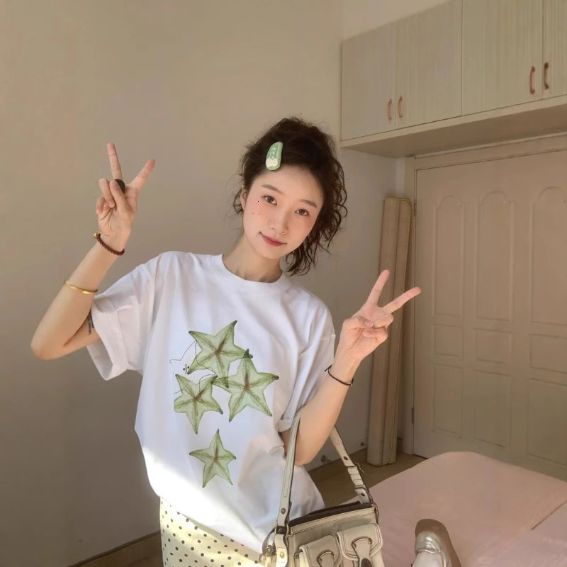 Carambola Printing White Short Sleeve Tshirt Women Summer Korean Style Commuting Tops Lady Versatile Loose Leisure 250517