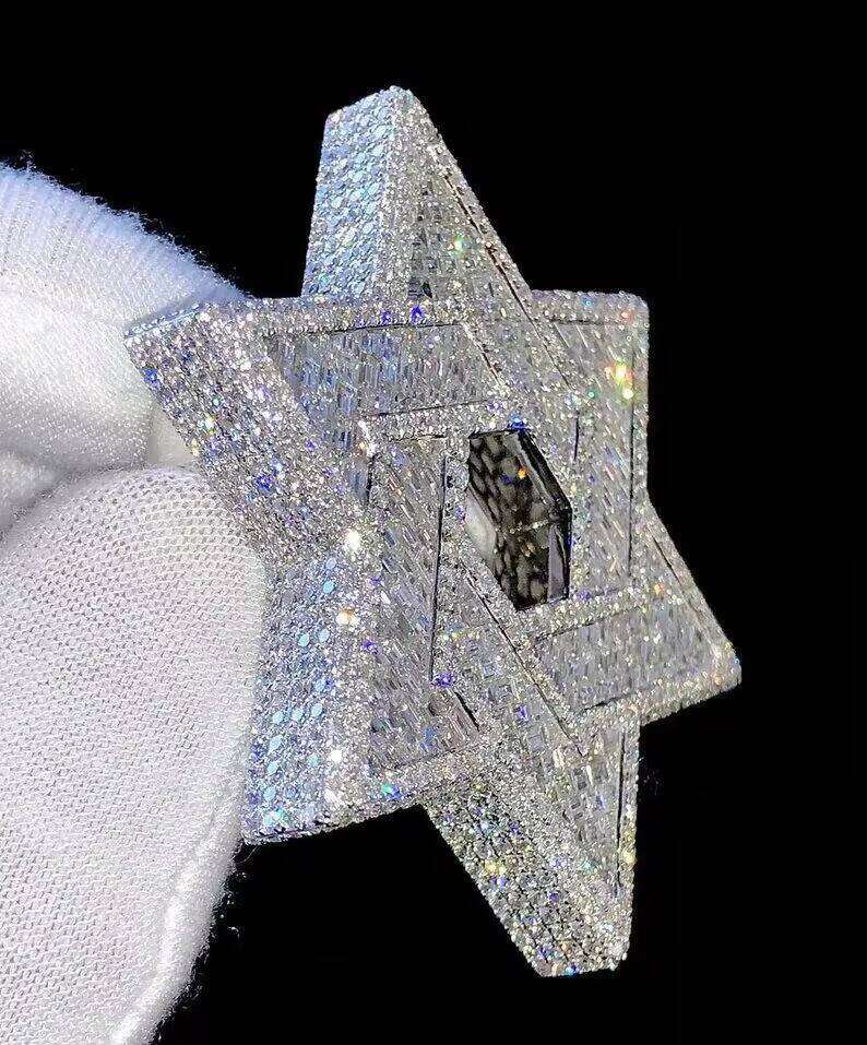 VVS Dia Sier Moissanite Fully Iced Baguette Hip Hop Style Star Shape Pendant with Gift Box