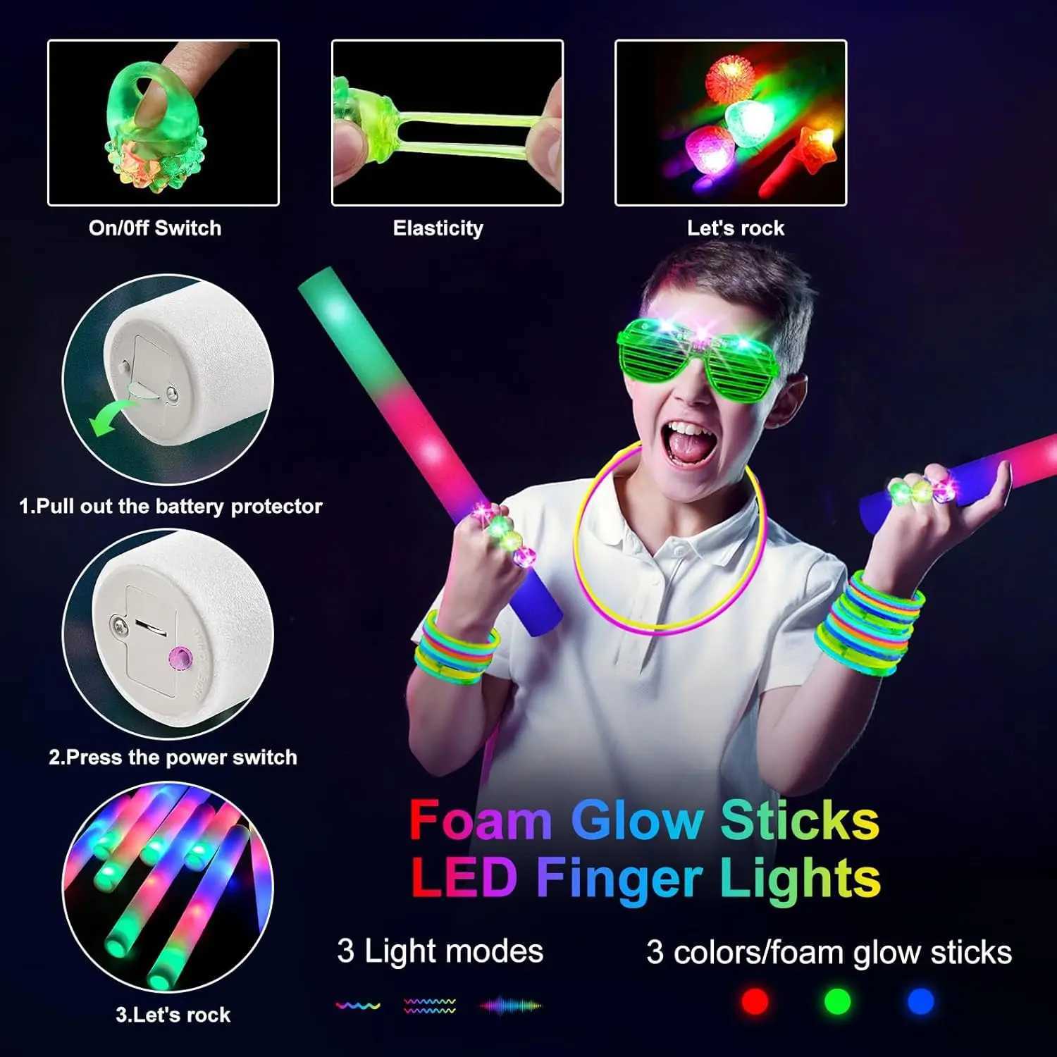 150 Pcs Neon Party Supplies 16 Foam Sticks 16 LED Glasses 100 Glow Sticks 18 Finger Lights for Birthdays Weddings Concerts W250528