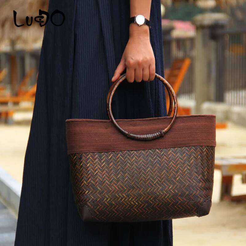 LUCDO Rattan Weave Wooden Handle Retro Ladies Fashion Handmade Retro Bamboo Handbag Old Straw Woven Bags For Women Totes