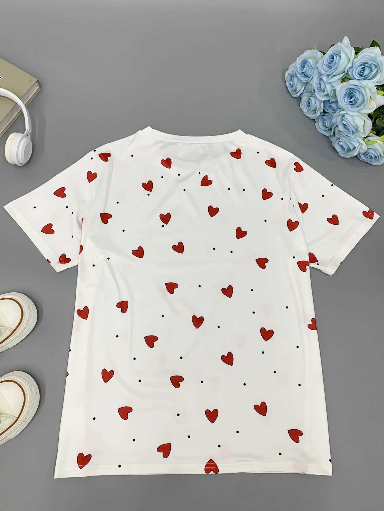 Plus size womens round neck love printed shortsleeved Tshirt simple and versatile knitted sweater pullover top 250519