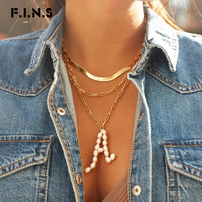 F.I.N.S INS Style Freshwater Pearl Big Initial Alphabet Pendants for Women Curb Thick Long Chain Link Necklace Women 250520