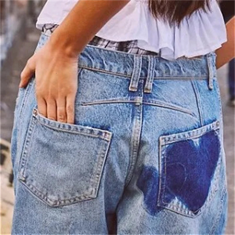 2024 Fashion Love Print Decoration Denim Pant Loose Straight Jeans Female Casual Midi Waist Trousers Trend Streetwear 250516Z