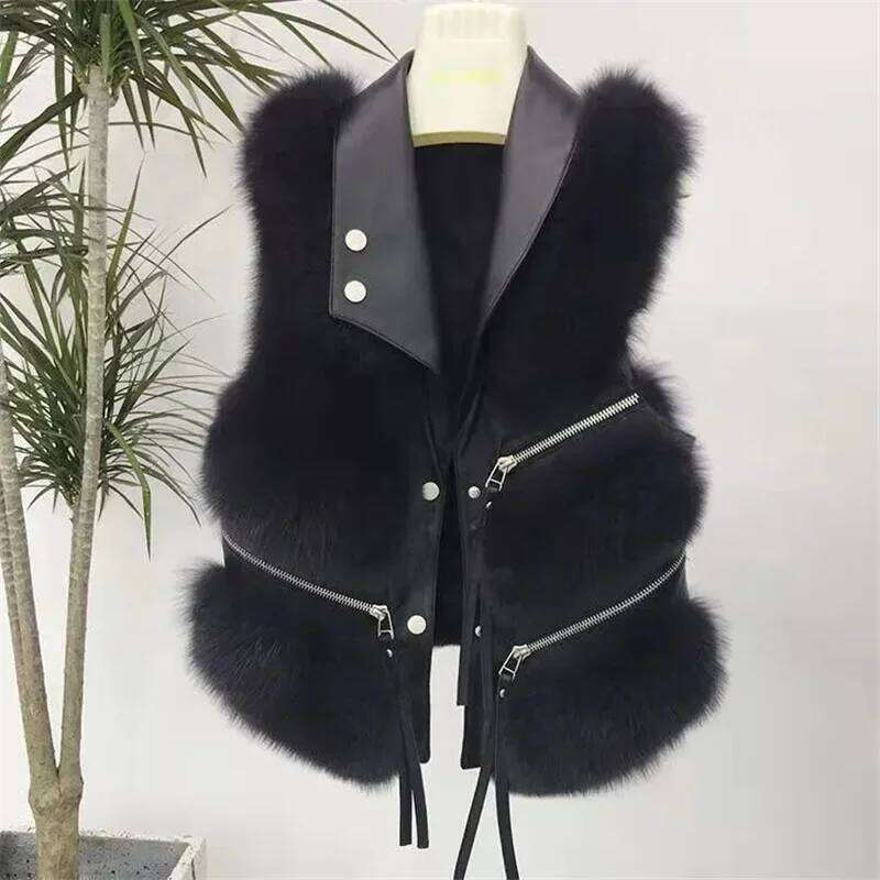 2025 Faux Vest Coat Women's Lapel Sleeveless Buckle Slim PU Leather Outerwear High Street Plush Fur One Piece Jack