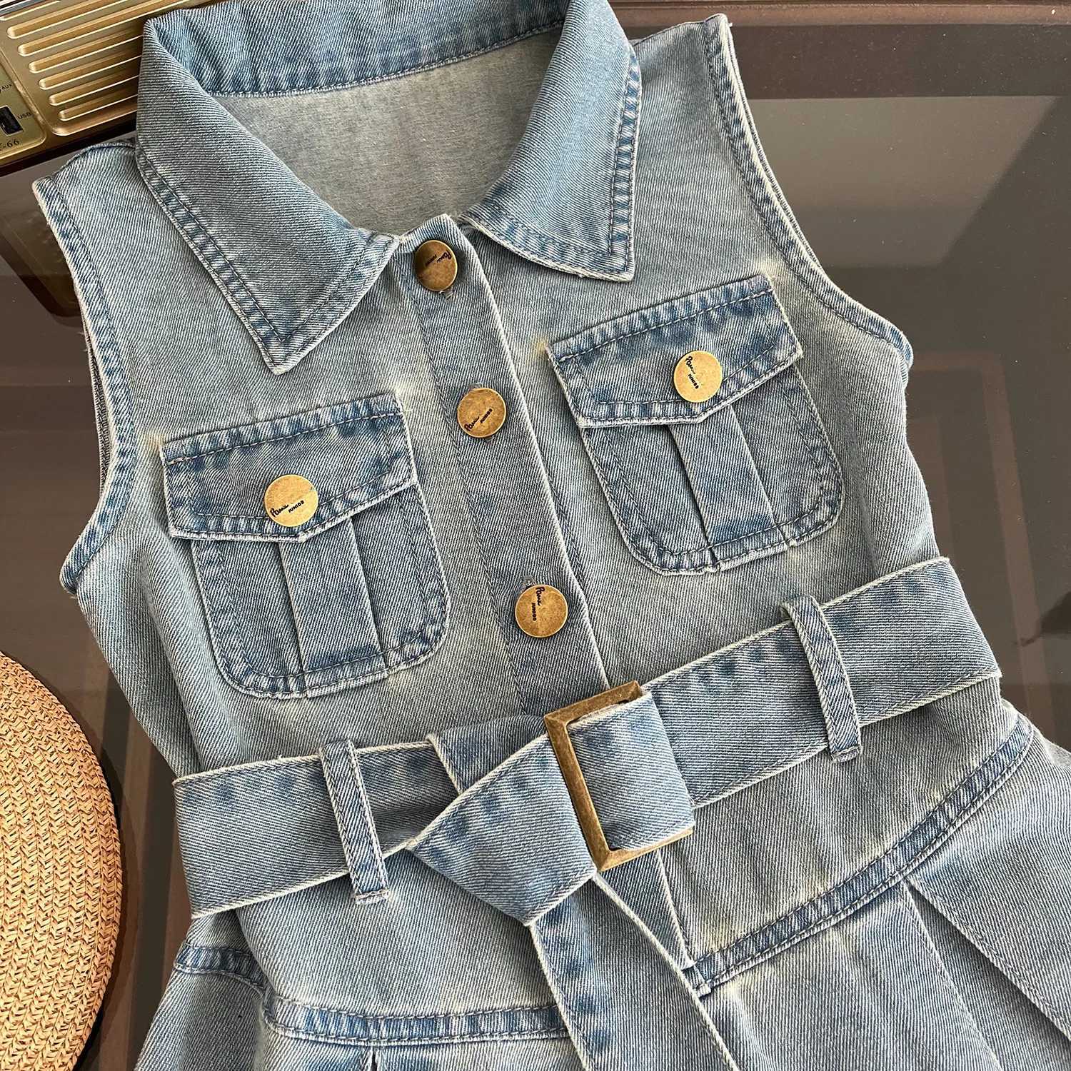 2025 Summer New Girls Denim Dress Belt Decoration Lapel Collar Sleeveless Tutu Princess Dress For 2 -10 Years Kids Fashion Dress X250528