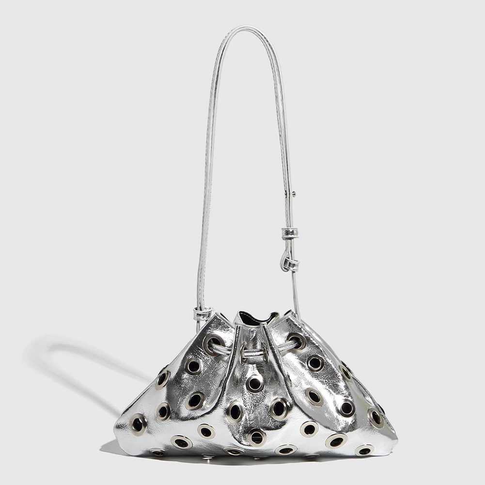 Women Metal Stud Y2k Shoulder Bag Large Capacity Retro Hollow Handbag Drawstring Crossbody Bag Shopping Vacation Handbag Y250528
