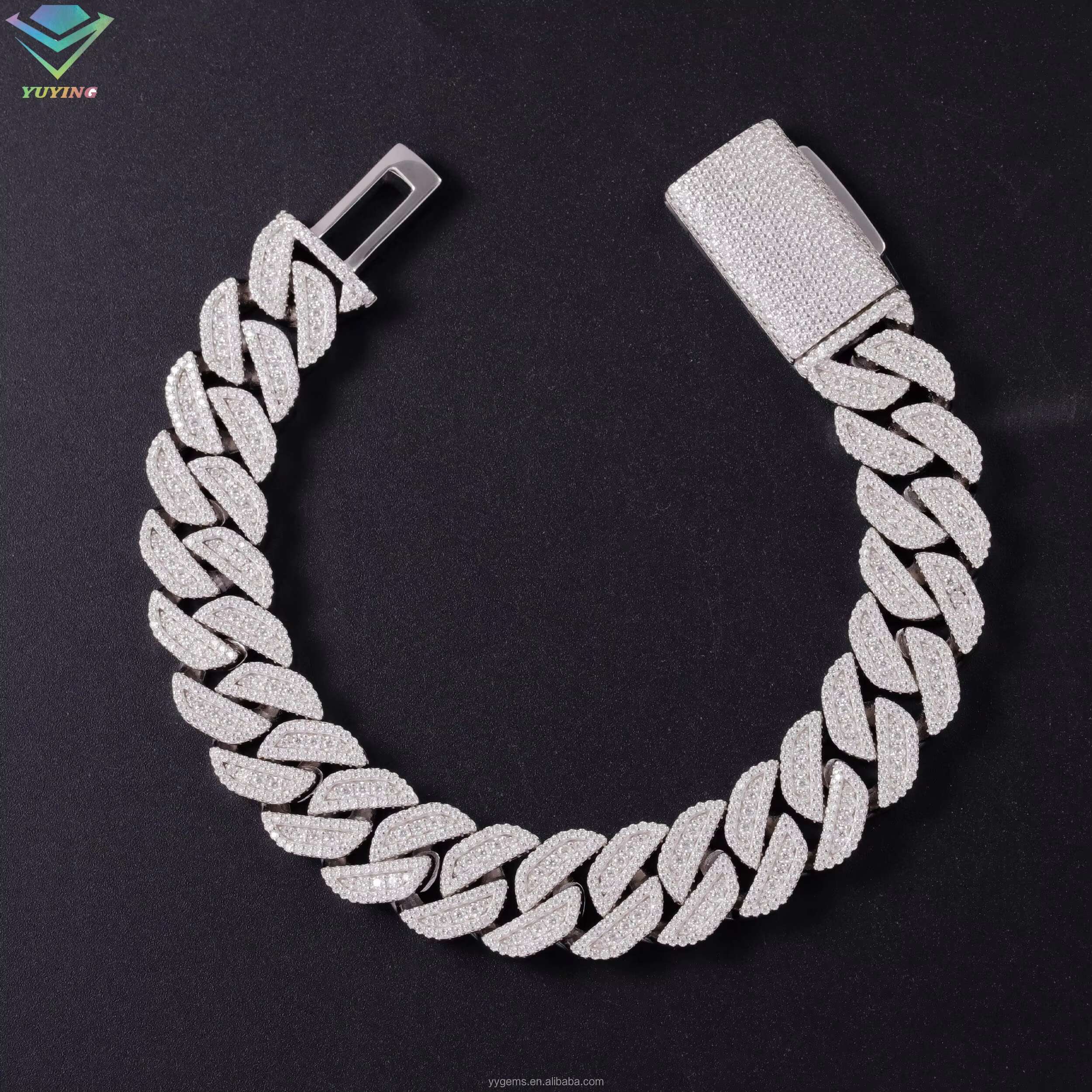 Heavy Silver 15MM 3Rows S925 Silver Cuban Chain Hip Hop Necklace White Gold Plated Moissanite Diamond Cuban Link Chain