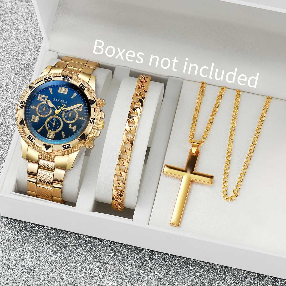 3PCS/Set Fashion Mens Quartz Watch Luxury Large Dial Men Business Watches Necklace Bracelet Set Reloj HombreWithout Box XJ250527