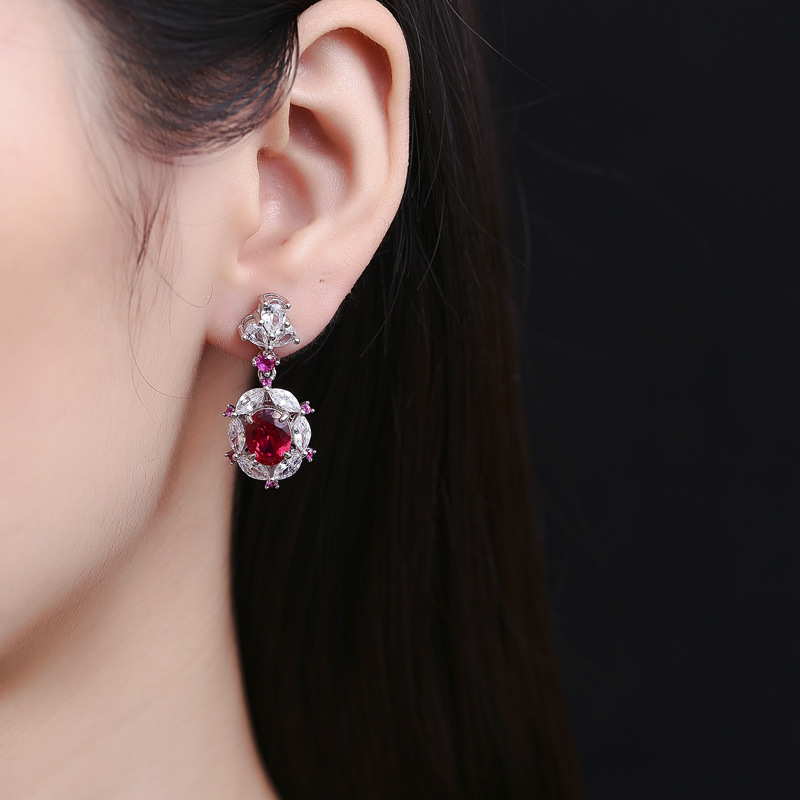 Hot Sale S925 Sterling Silver Simulated Pigeon Blood Ruby 7x9mm Stud Earrings, Long Drop Earrings for Women, Elegant Luxury Jewelry