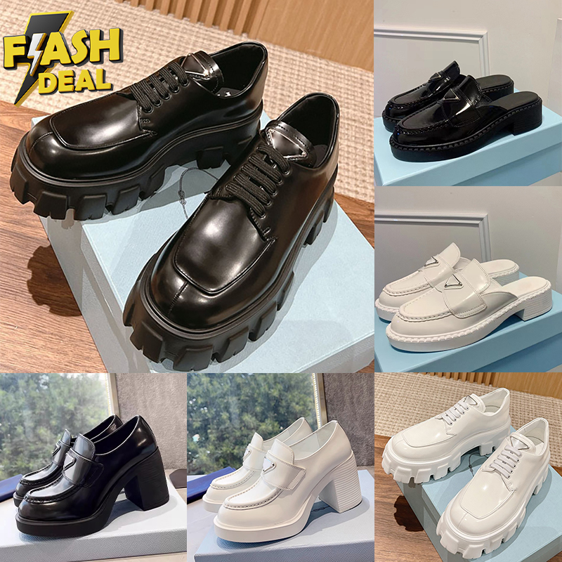 Designer Loafers Dress Shoes Women Casual Monolith Brushed Block-Heel Leather platform lace-up derby black white T-Strap Classic Sandals party outdoor shoe