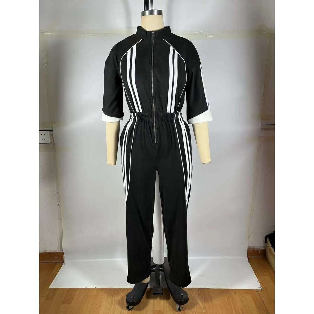 Women Half Sleeve High Waist Straight Wide Leg Jumpsuits Striped Cargo Active Holiday Night Party One Piece Suit Romper