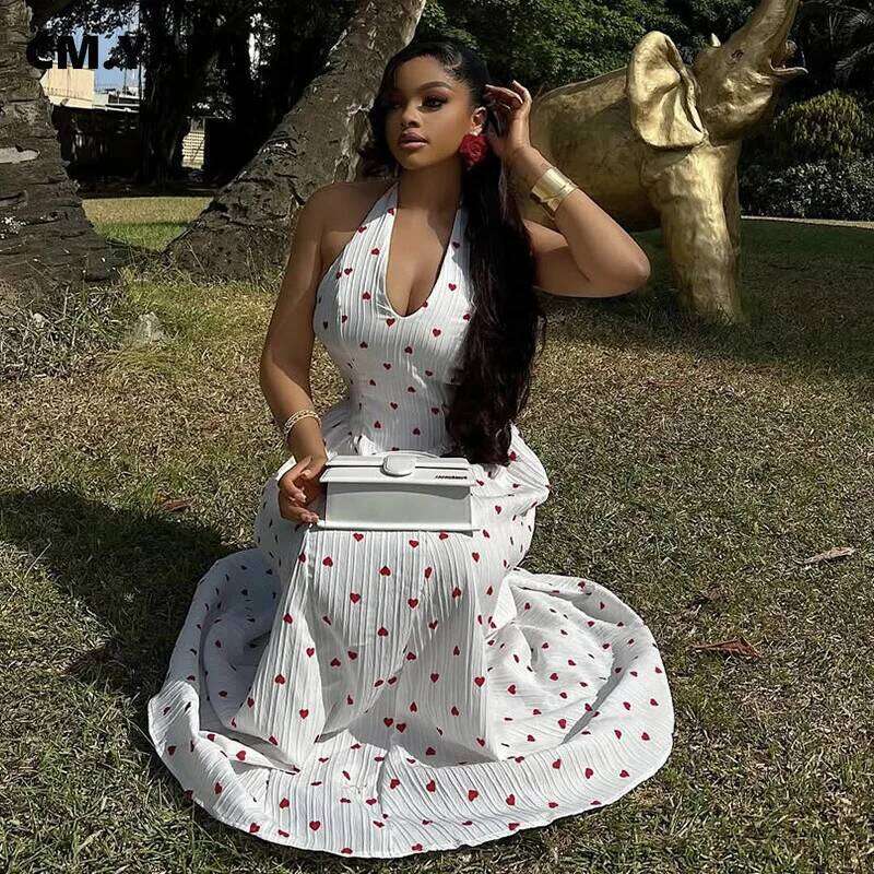 Women Sweetheart Print Halter Neck Maxi Long Dress 2025 Summer Beach Holiday Birthday Sexy Club Party Evening Dresses
