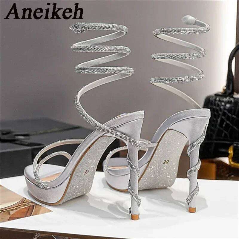 Aneikeh Water Dia Strap Sandals Women's Serpentine Wrapped Sexy Open Toe Thin Heel Waterproof Platform Shoes High Heels