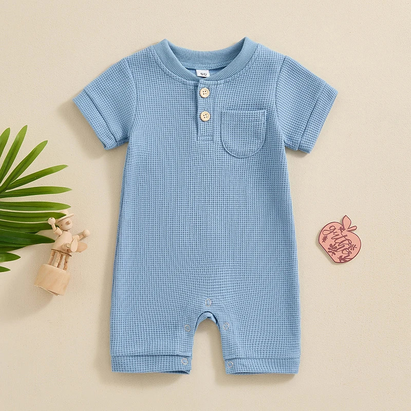 -04-03 Lioraitiin born Baby Boy Jumpsuit Summer Short Sleeve Solid Color Button Romper Waffle Playsuit 250528