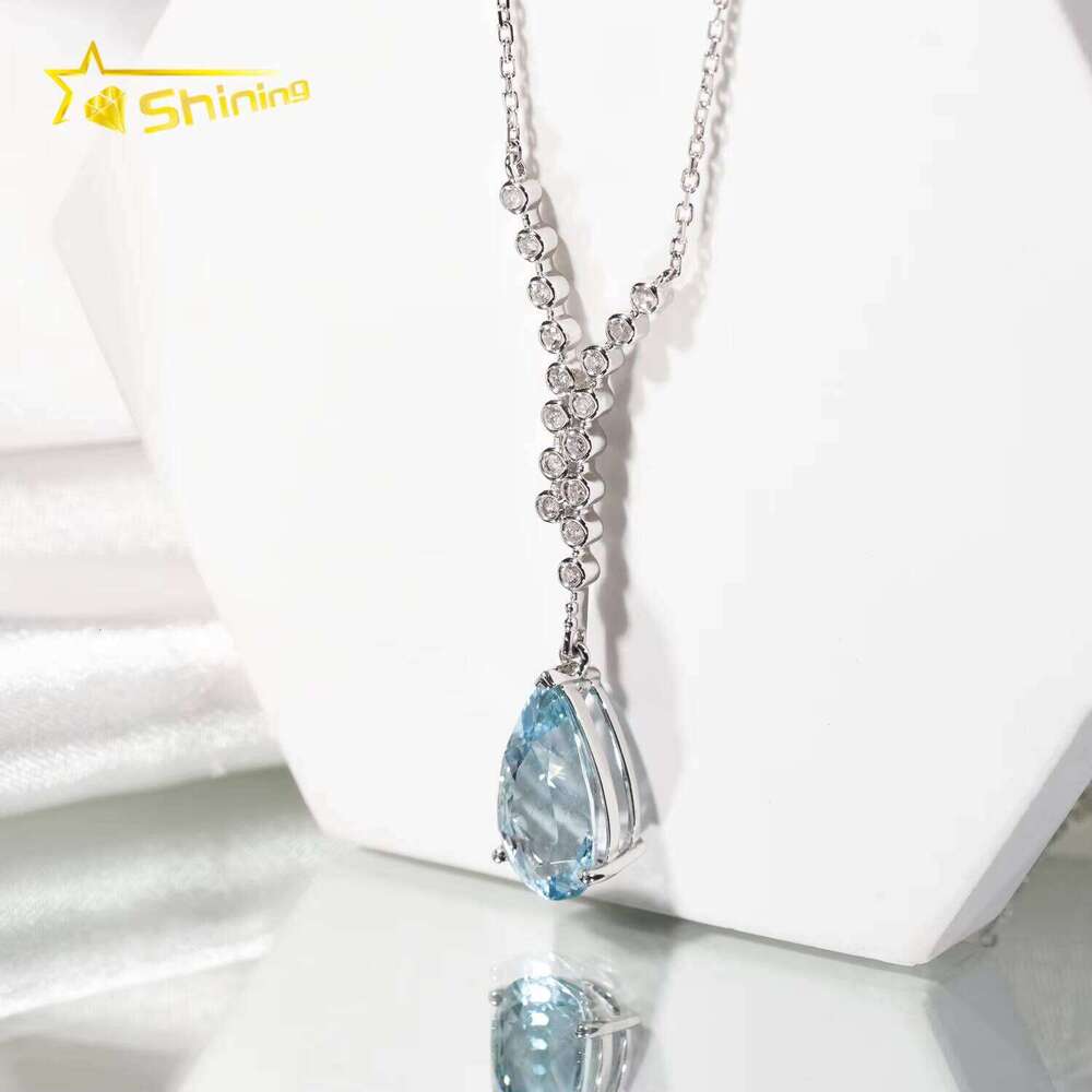 Trendy AU750 Solid Real Gold Dia Women Fine Jewelry Pear Cut Lab Sapphire Pendant Necklace