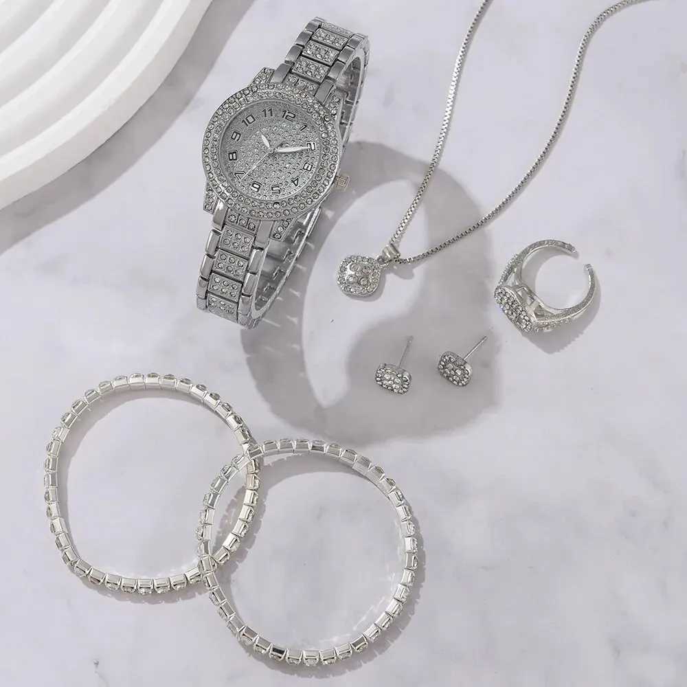 6PCS Women Watch Luxury Elegant Alloy Watch Crystal Wristwatch For Ladies Gift Quartz Watch Alloy Rhinestone Bracelet Watch XJ250527