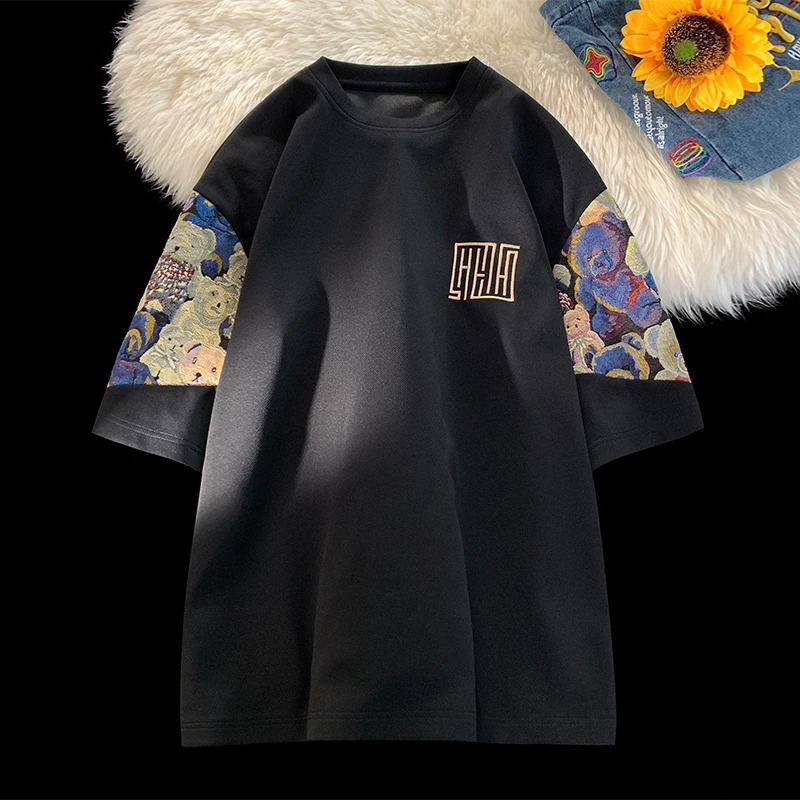 Trendy Bear Embroidery Tshirt Summer Big Size Men Korean Street Splicing Tshirts Casual Seven Sleeve T-shirt Man Women Tee Tops 250527