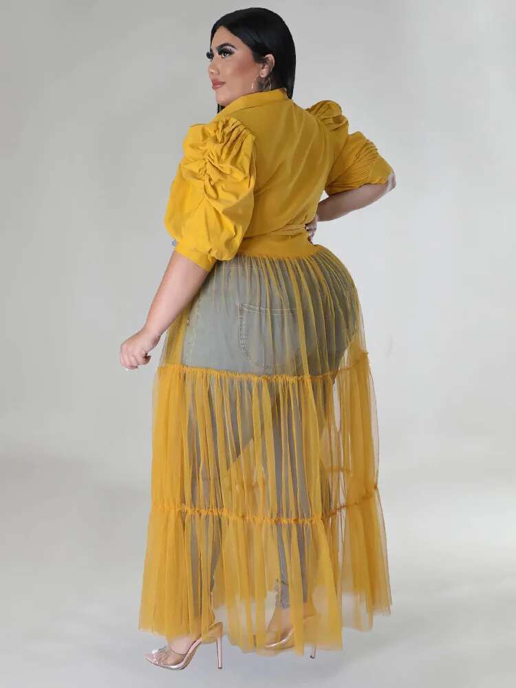 Plus Size Dresses Sexy Mesh Patchwork Puff Sleeve Club Outfit Elegant Bandage Long New Maxi Dress Wholesale Dropshipping