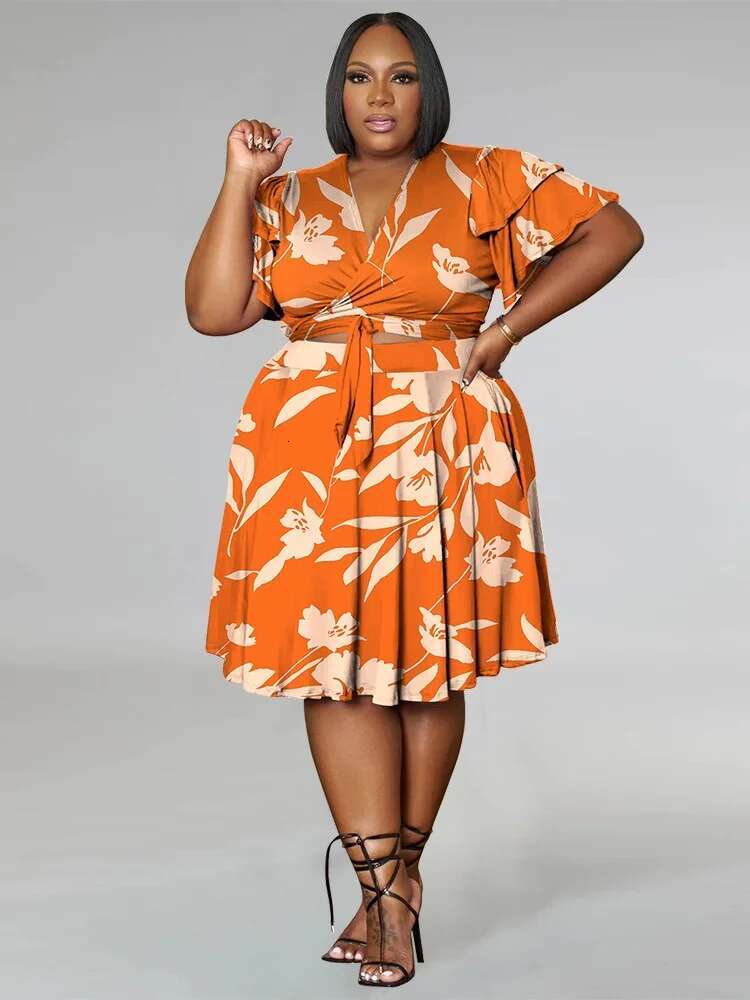 Plus Size Shorts Sets Casual V Neck Crop Top and Short Skirts Two Piece Women Matching Outfits Wholesale Dropshipping