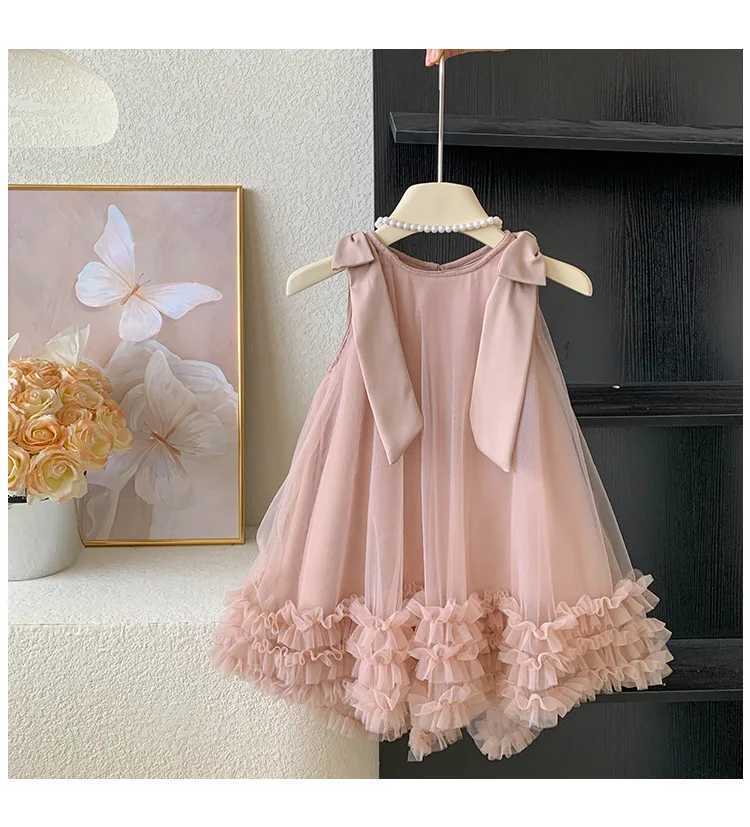 2024 Summer Korean Girls New Sleeveless Bow Solid Color Sweet and Gentle Princess Dress Childrens Trend X2505281