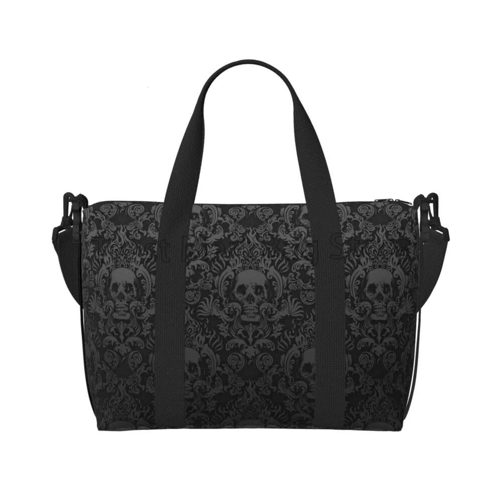 Gothic Black Skull Damask Print Hand Travel Multipurpose Weekender Bags Unisex Casual Waterproof Sports Yoga Lage Bag