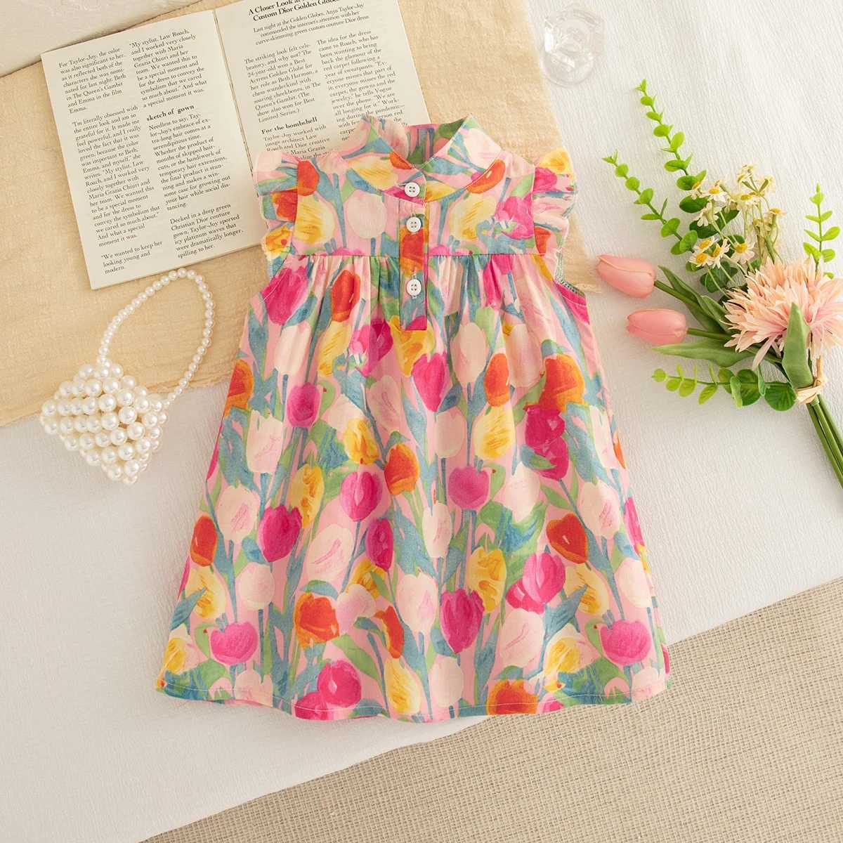 Baby Girl Dress Summer New Sweet Flower Ruffled Sleeve ChildrenS Sleeveless Clothes Suitable For 0-3 Years Old X250528