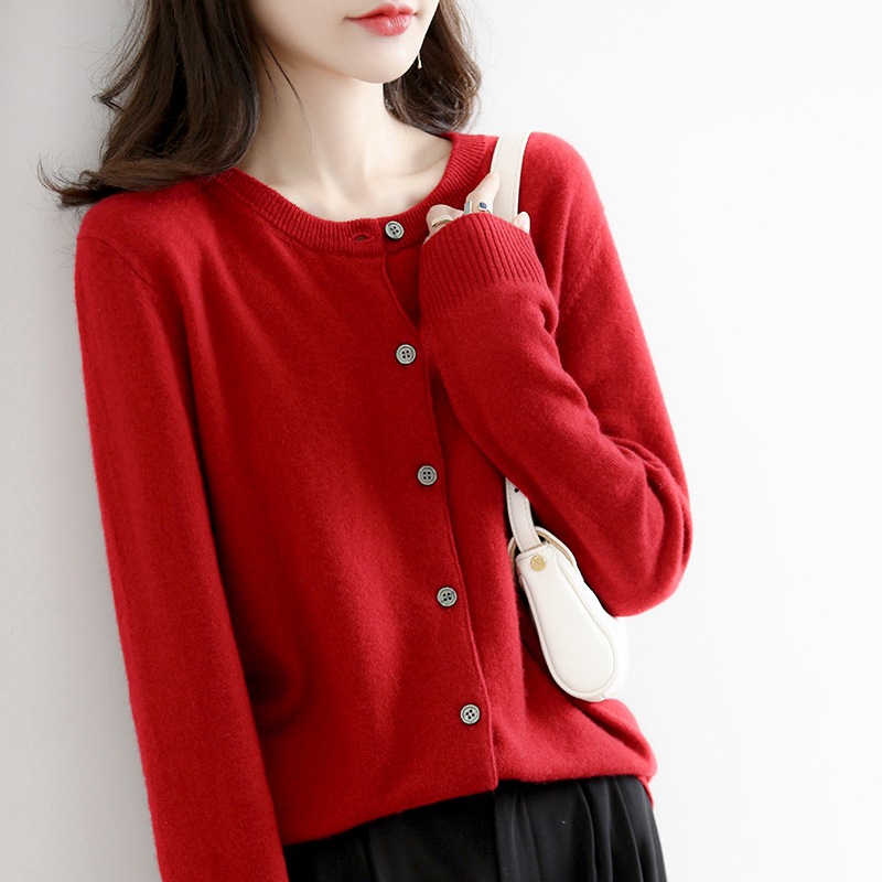 DR180 New Korean Short Women's Round Neck Cardigan Loose Sweater Bottoming Shirt Long Sleeve