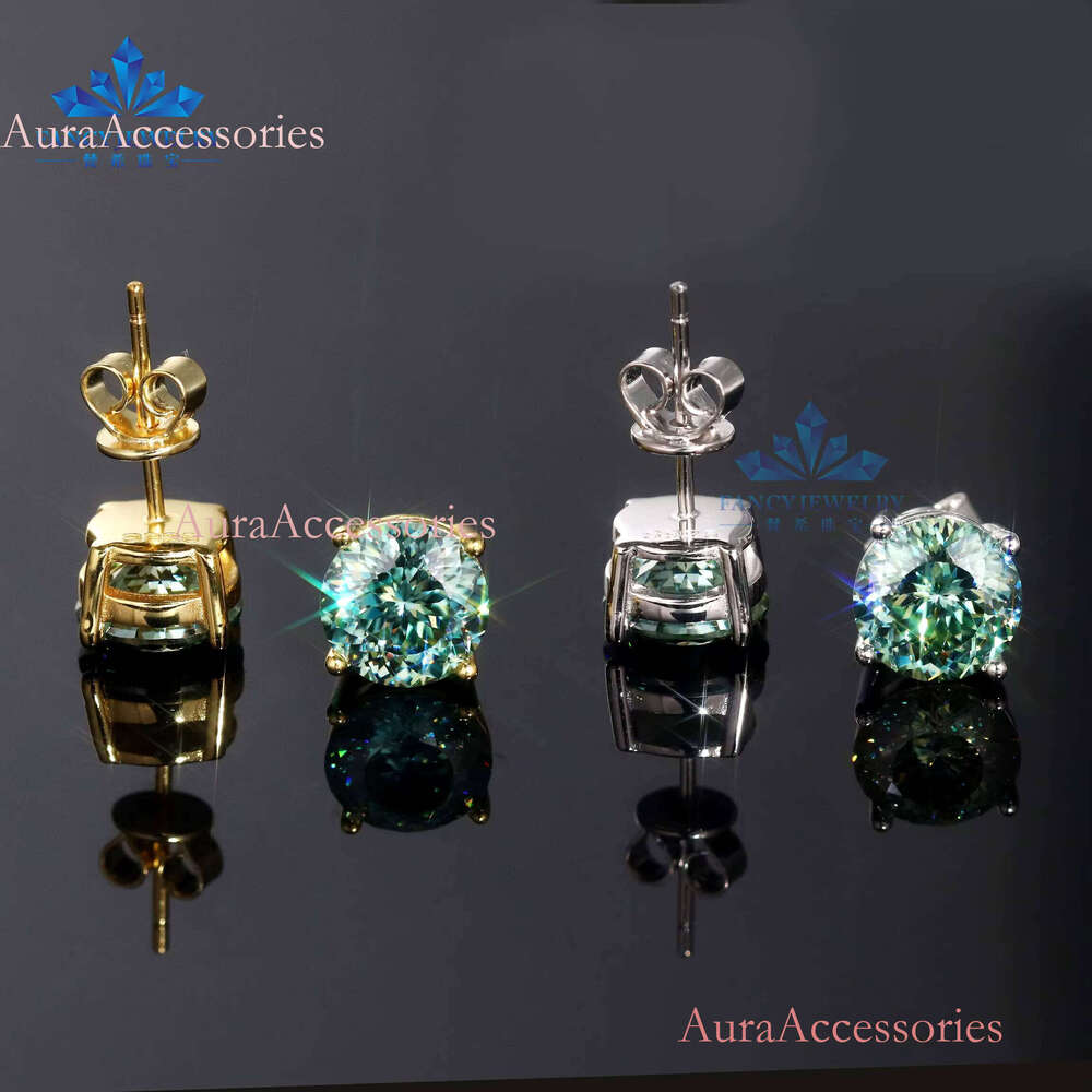 Professional Technology Sterling Sier Stud Earrings 8mm Moissanite with Round Portuguese Cut Blue-Green Fine Jewelry