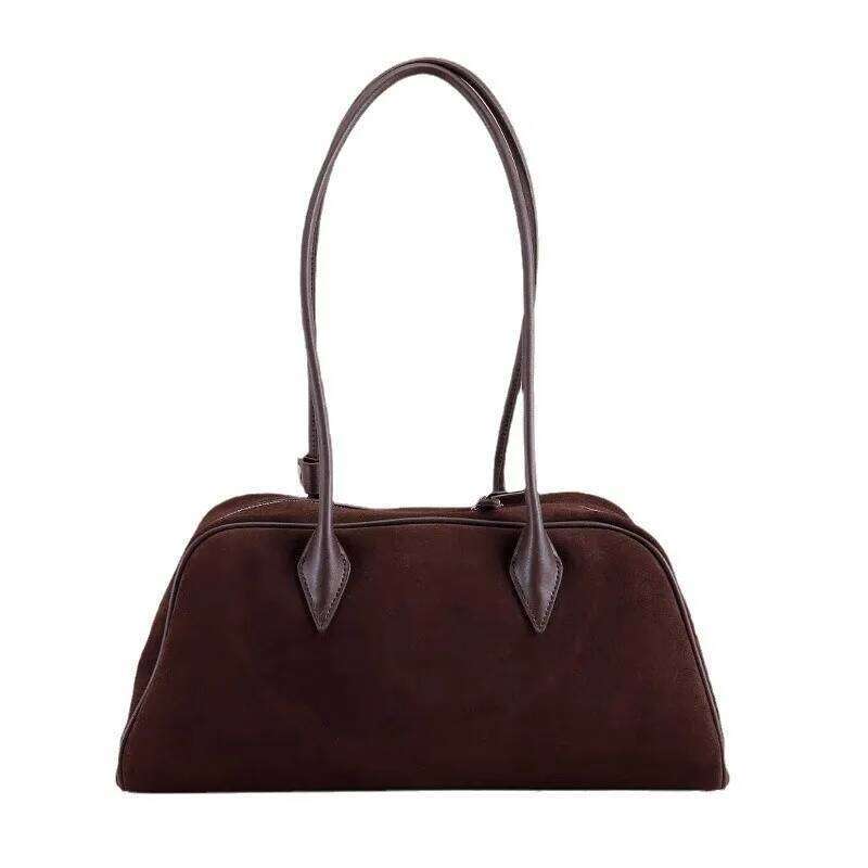 Suede Large Capacity Boston Underarm Ladies Women Fashion Commuter Bowling Frosted Shoulder Bag Coffe Brown