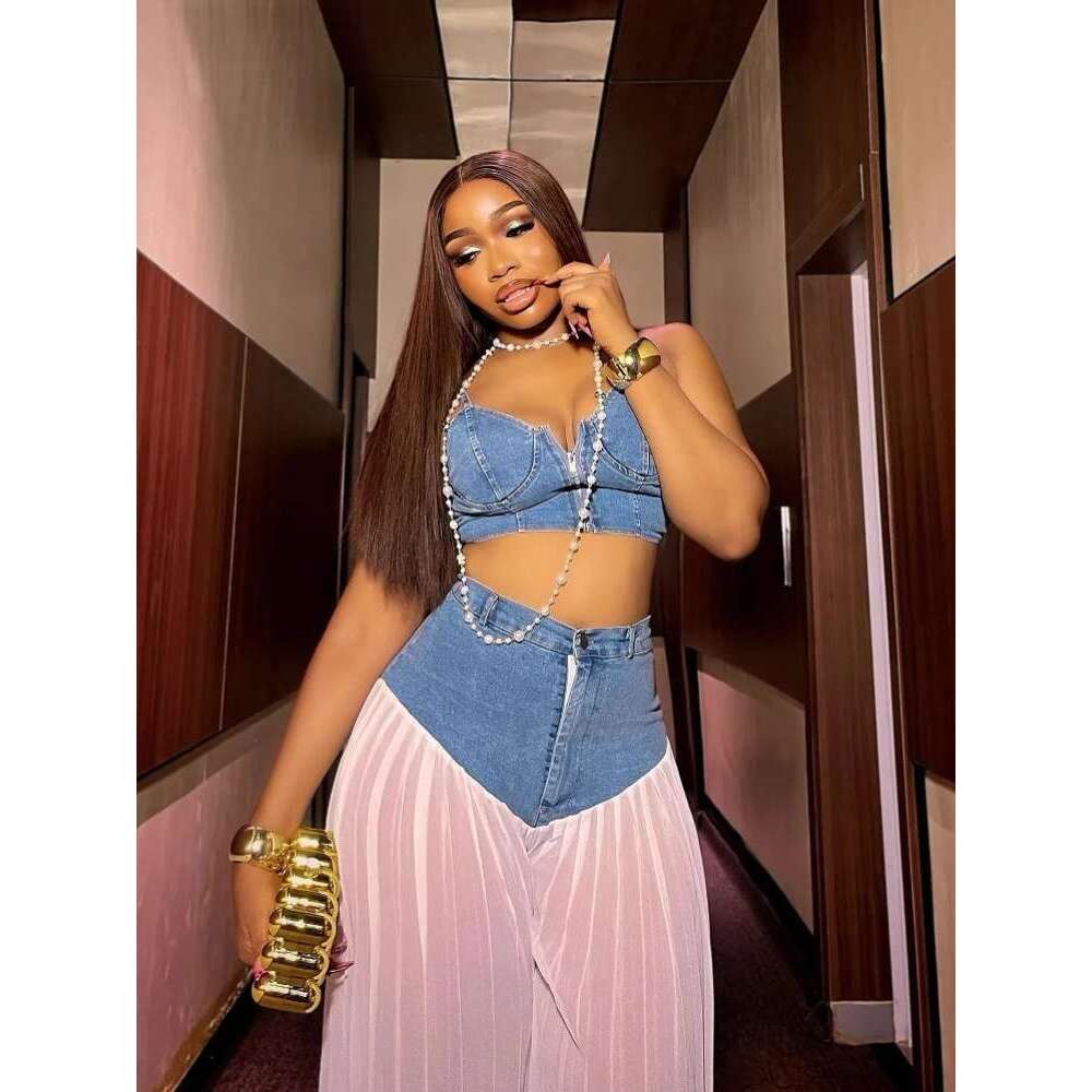 Fashion Denim Chiffon Women's Strapless Crop Top And Jeans Pants Suits 2025 Sexy Party Club Two 2 Piece Set Outfits