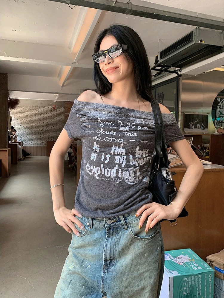 Letter Printing Oblique Shoulder Short Sleeve Tshirt Women Summer American Style Versatile Tops Lady Simple Slim Thin 250517