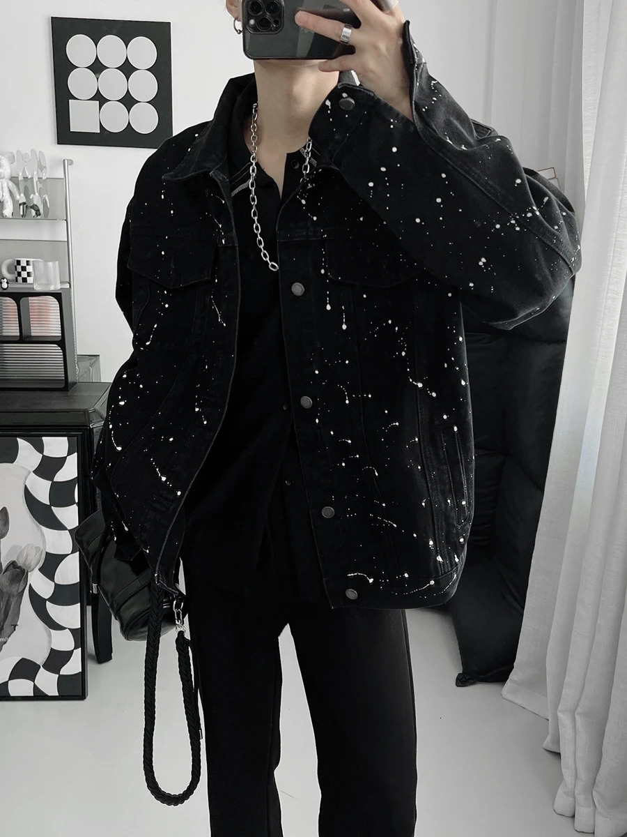 Mens 2024 Spring Autumn Loose Trendy Male Handsome Long Sleeve Tooling Denim Coats Casual Jacket Splash Ink Point Jackets 250516