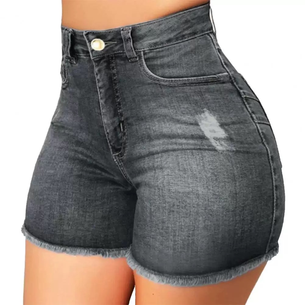 Elastic Slim Fit Distressed Fringe Denim Shorts for Women