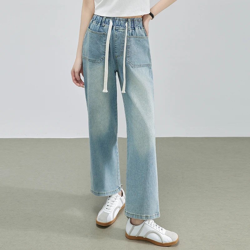 2025 Summer Denim Jean High Elastic Waist Drawstring Bleached Wide Leg Blue Pants Streetwear Trousers 250516Z