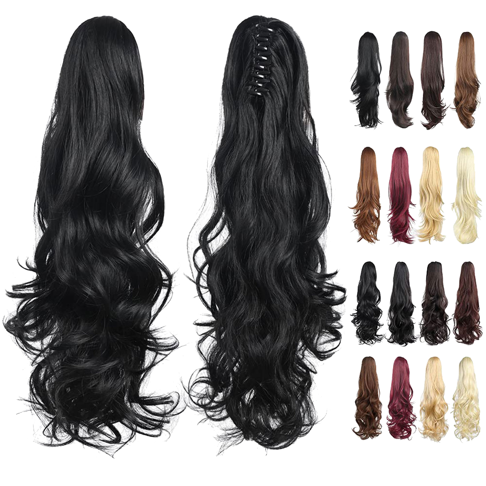 LeeWin Single Color Ponytail Extension Claw Clip in Curly Wavy Ponytail Hair Extensions Synthetic Hair Pieces for Women Pony Tail