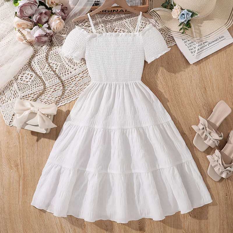 Kids White Dress Summer Off-the Shoulder Shirred-Bodice A-line Dress Birthday Party Communion Wedding Dress Tween Girls Dress X250528