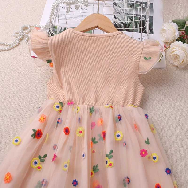 Humor Bear Girls New Summer Clothes Fly Sleeve Print Splice Sweet and Cute Mesh Dress Gentle Style Vestidos Casual Outfit 2-6Y X250528