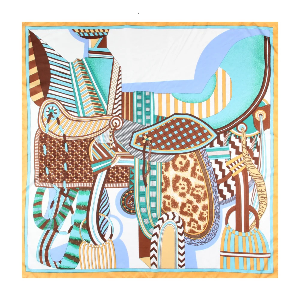 90CM Twill Silk Saddle Chains Print Square Scarf Shawl Women Hijabs Bandana Handmade Curled Foulard Head Scarves 250527