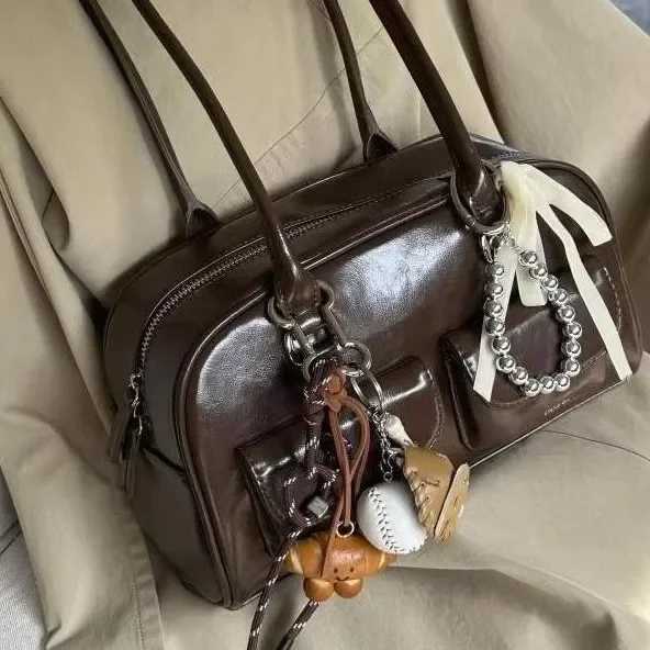 Large Capacity Brown Bowling Handbag Womens Shoulder Bag Retro Korean INS Style Autumn Winter New 2024 Fashion Trend Bag Y250528