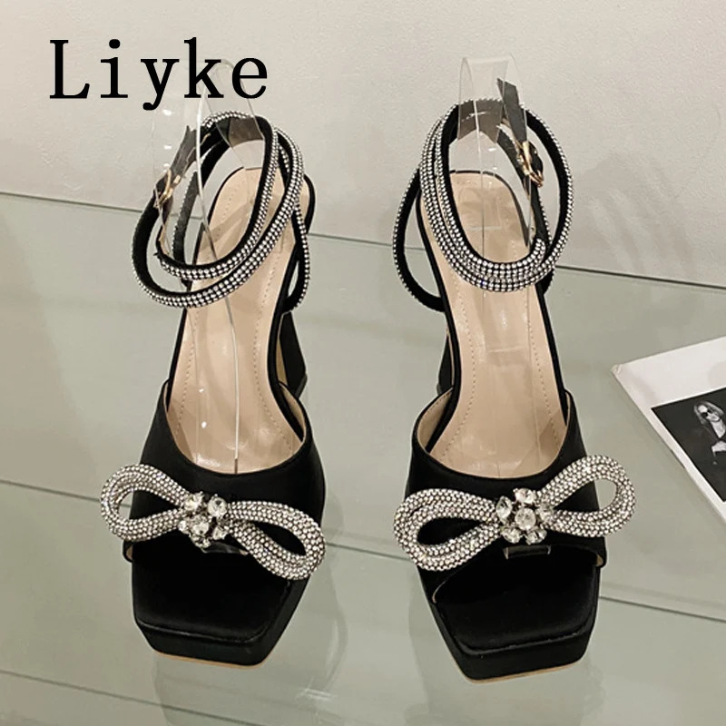 Liyke Super High Sexy Sandals Ladies 2025 Summer Open Toe Crystal Bowknot Platform Heels Party Wedding Shoes Women Black White 250526