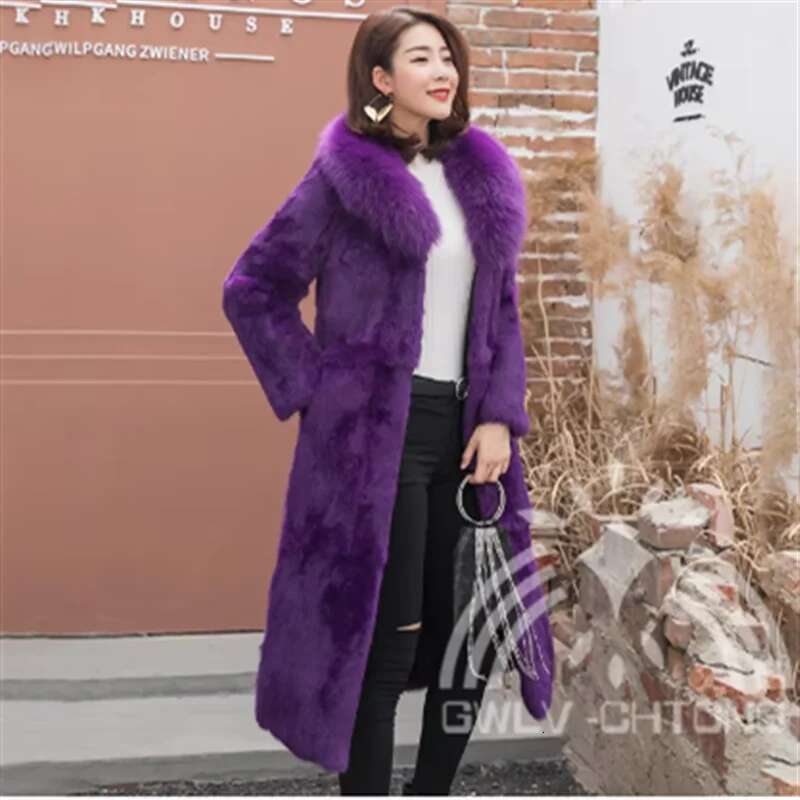 Real genuine natural full pelt rabbit coat with fox fur collar women fashion jacket custom any size 2024