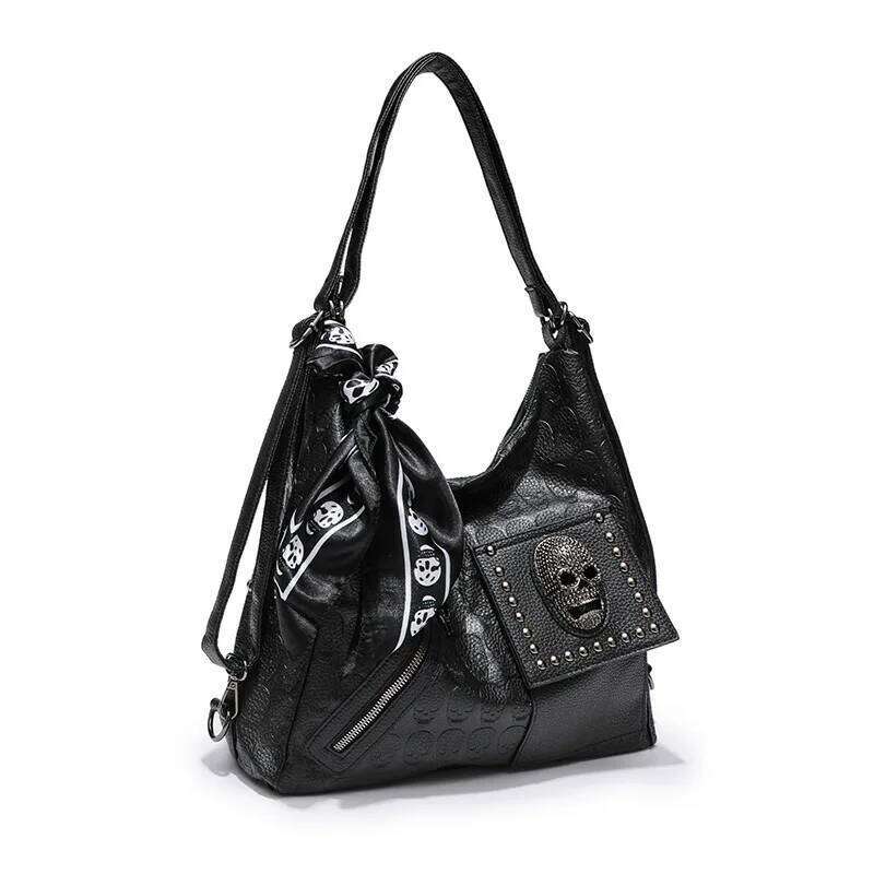 Y2k Aesthetic Trendy Casual Tote Bags Vintage All Match Women High-capacity Handbags Fashion Rivet Skull Shoulder Underarm Bag