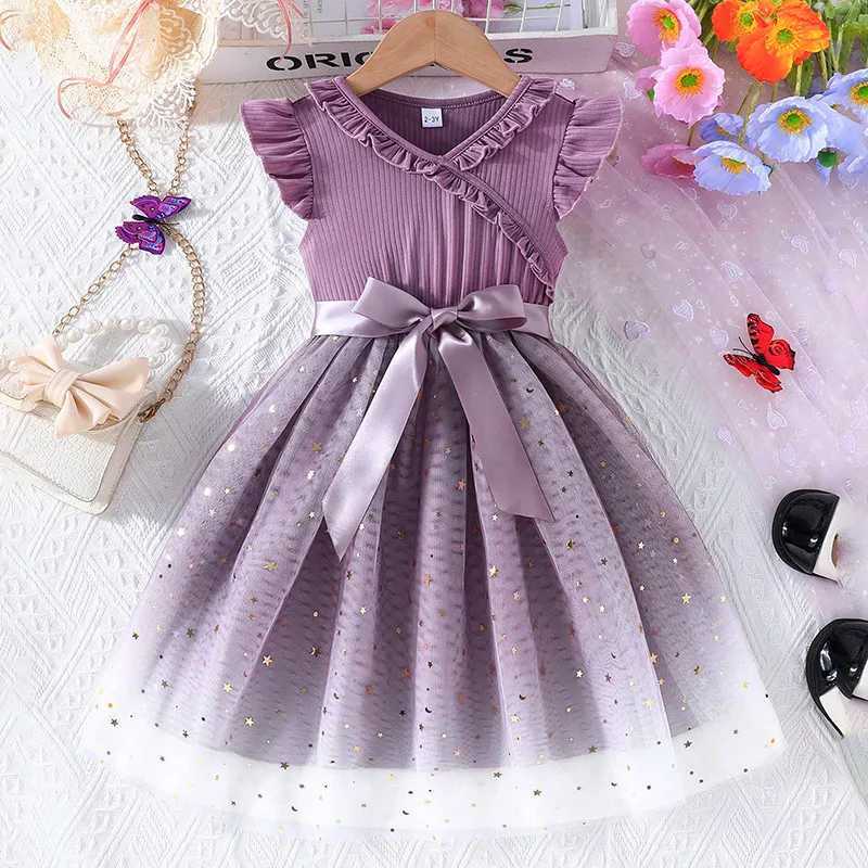 New Childrens Dress for 3-8 Yrs Summer Dress Lotus Leaf Edge Design Bow Lace Up Star Sequin Sweet Tulle Kids Dresses for Girls X250528