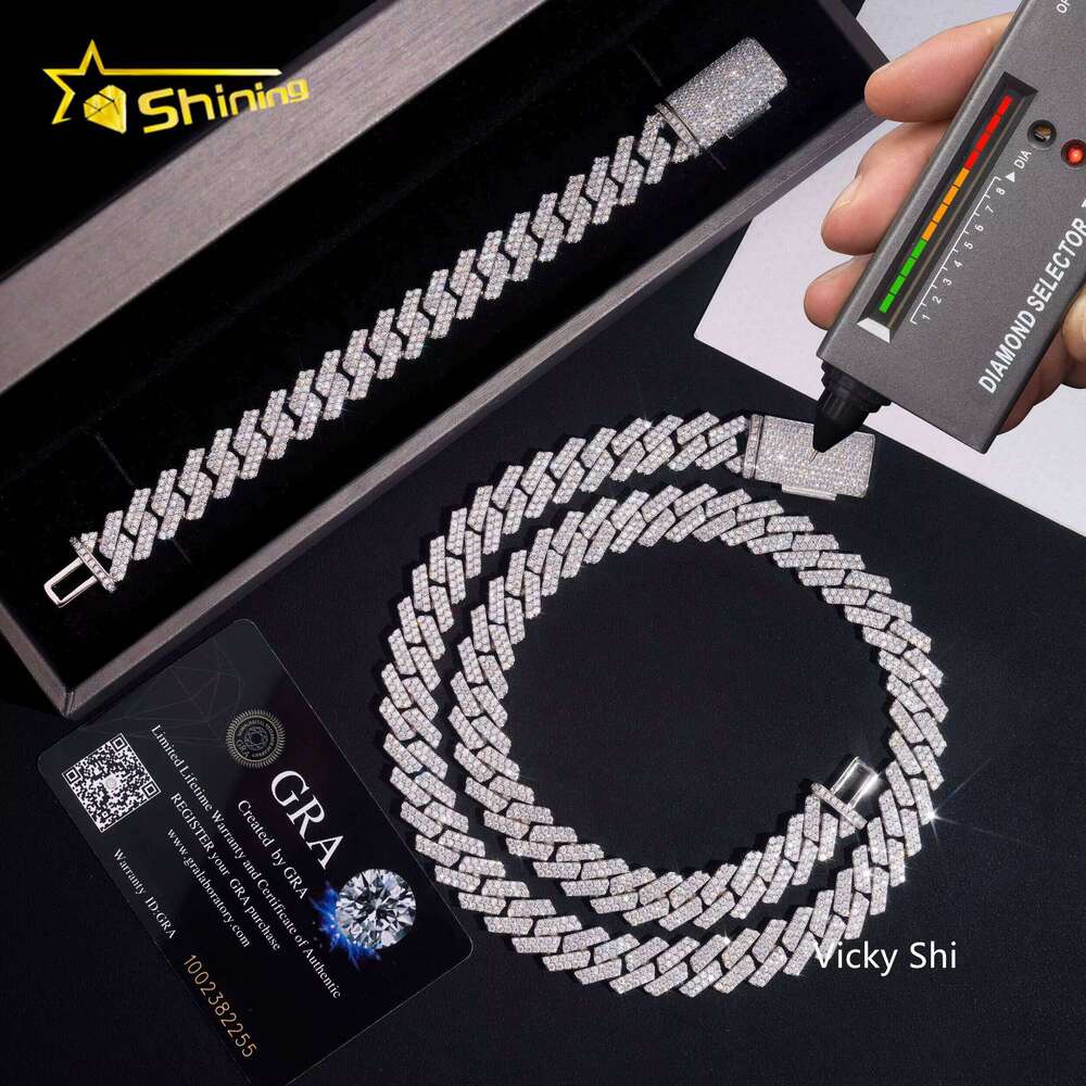 Hot Selling Hip Hop Men Necklace GRA Solid Sier 13mm Two Rows Iced Out VVS1 Moissanite Cuban Link Chain