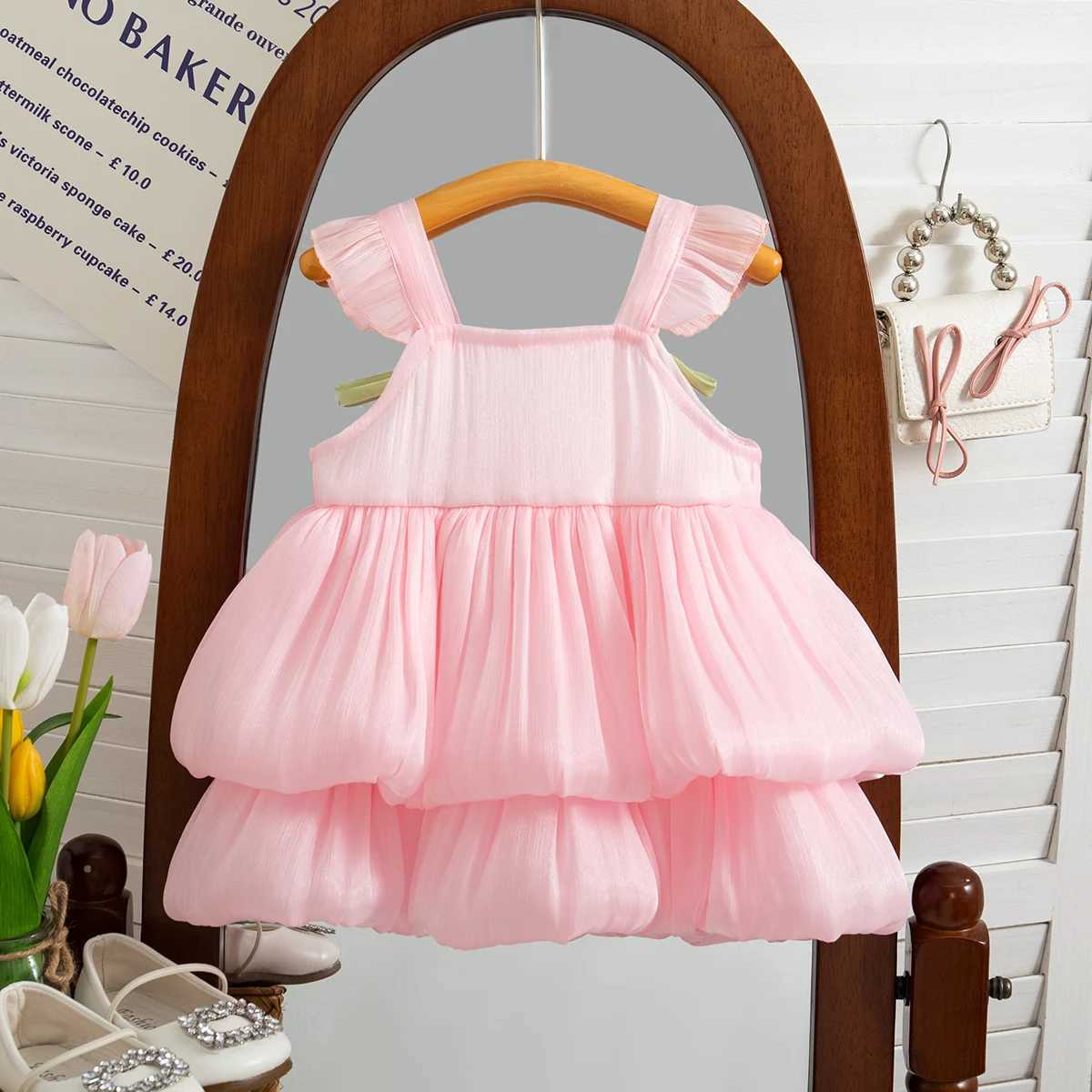 Baby Girls Summer New Four Little Flower Bud Suspender Dress With Flying Sleeves Fashionable And Cute Birthday Party Cake Skirt X250528