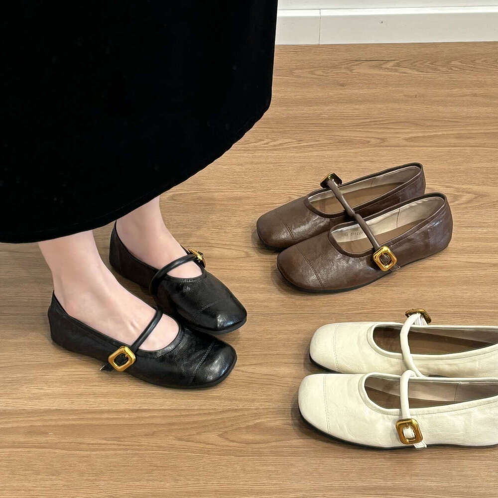 Sheepskin Version ~ Genuine Leather Flat Square Toe Shallow Mouth Mary Jane for Women 2024 New Style One-Strap Versatile Commuter Single Shoes