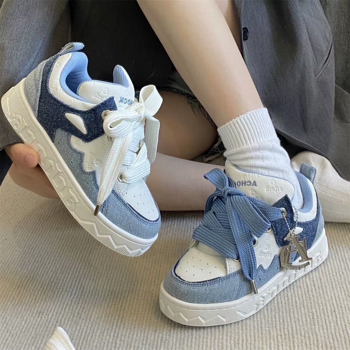 Designer casual shoes Denim Patchwork Blue Bread American Style National Trend Versatile Height Increasing Casual Shoes Thick Sole Sneakers