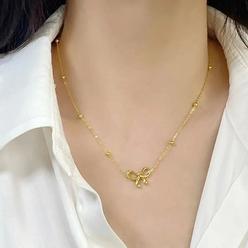 ANENJERY L316 Stainless Steel Beads Chain Hollow Bowknot Pendant Necklace for Women Niche Simple Jewery Accessory 250519