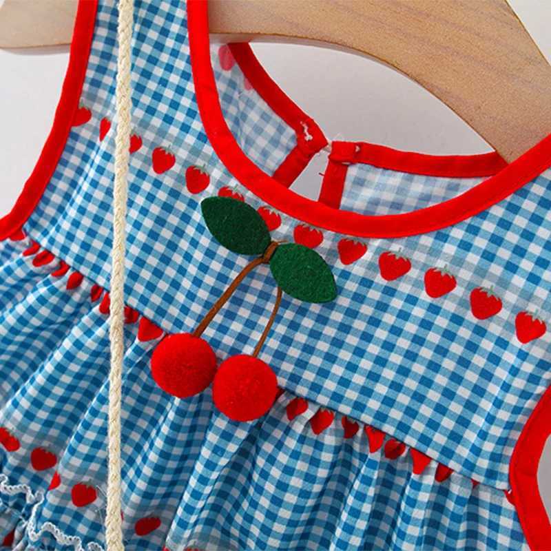 2 Pcs Baby Girls New Summer Dress with Sleeveless Round Neck Plaid Heart Cherry Cotton Skirt and Diagonal Cross Bag Included X250528