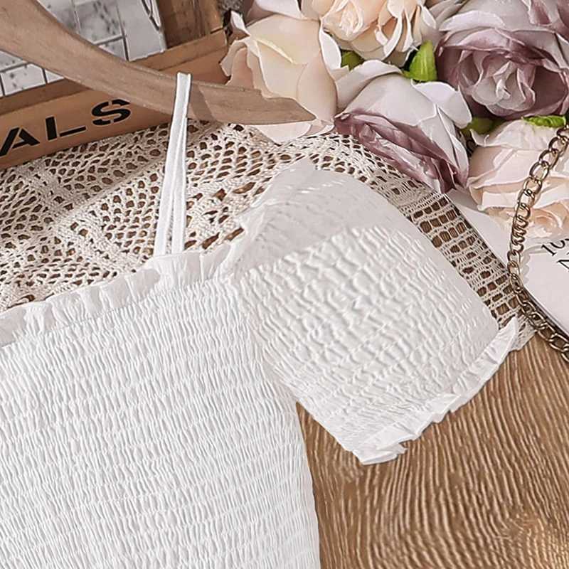 Kids White Dress Summer Off-the Shoulder Shirred-Bodice A-line Dress Birthday Party Communion Wedding Dress Tween Girls Dress X250528